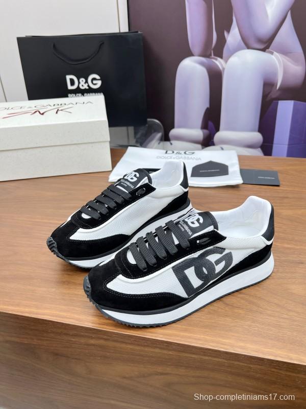 2025 Unisex Dolce & Gabbana Black White Mesh Suede Sneakers LY00300