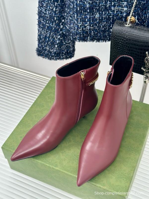 2024 Women Gucci Burgundy Leather Ankle Boots Chain MJ00410