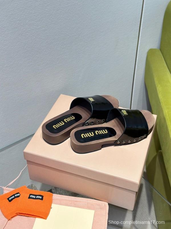 2025 Women Miu Miu Black Leather Slippers
