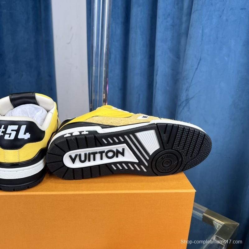 2025 Men Louis Vuitton Yellow Black Leather Suede Sneakers