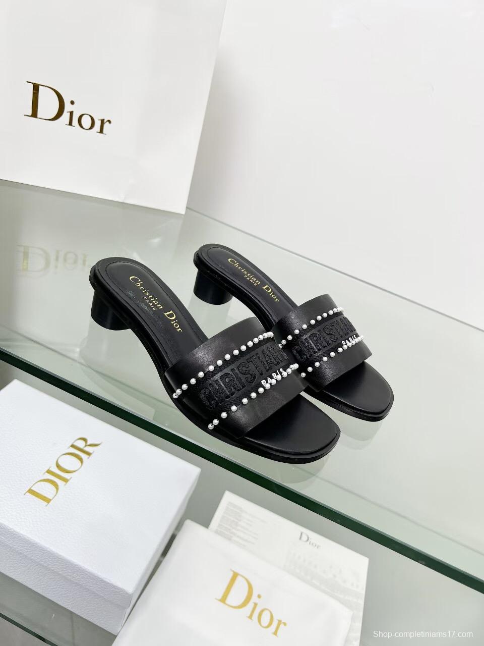 2025 Women Dior Black Leather Mules Pearl LY00210