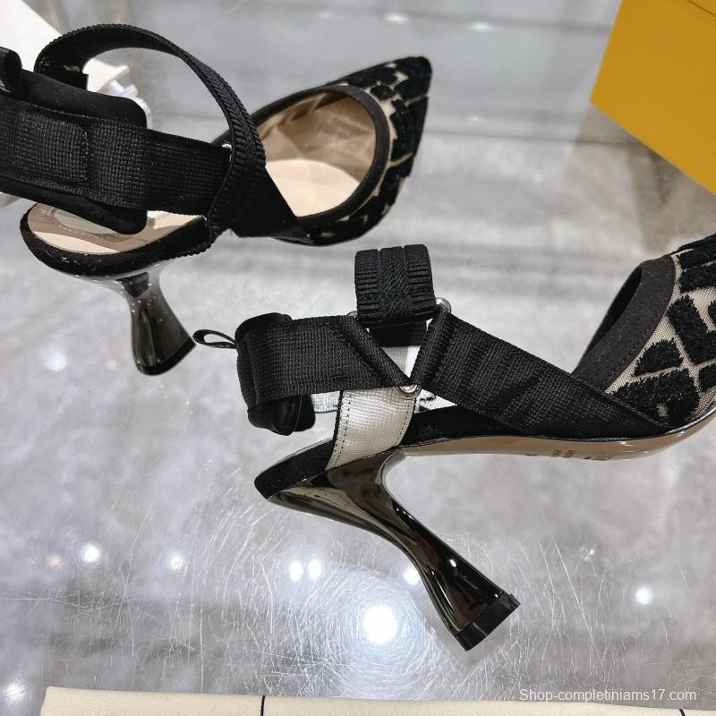 2025 Women Fendi Black Beige Fabric Leather High Heel MJ00280
