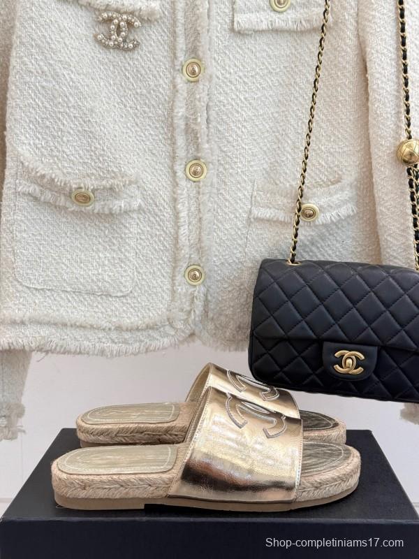 2025 Women Chanel Gold Leather Slippers