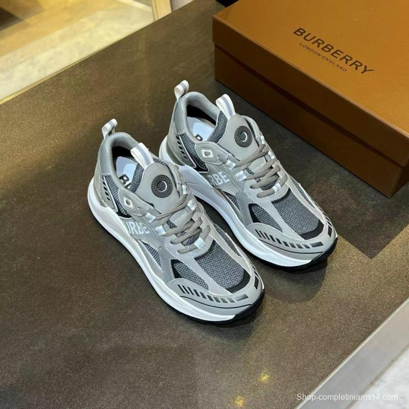 2025 Unisex Burberry Grey Suede Leather Mesh Sneakers Vintage Code MJ00380