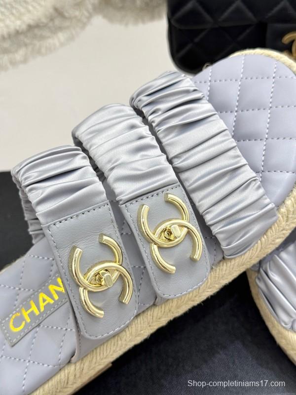 2025 Women Chanel Silver Leather Slippers KFY00230