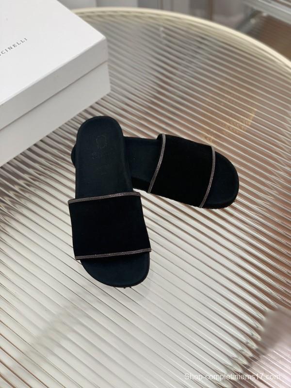 2025 Women BRUNELLO CUCINELLI Black Imported Suede Flat Sandals Handcrafted Beaded Chain Decoration KFY00240(F)