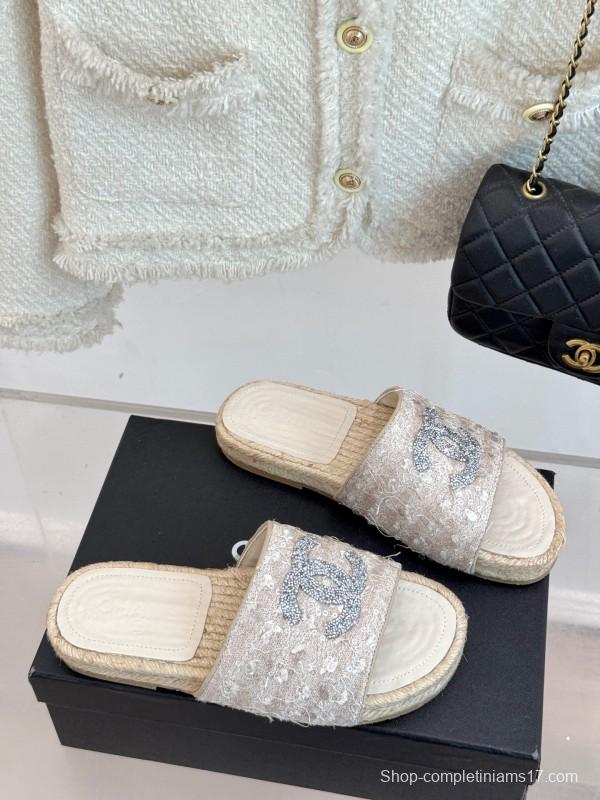 2025/Women Chanel White Lace Espadrille Slides With Sequined CC Logo KFY00240(F)