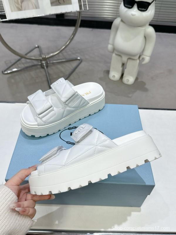 2025 Women Prada White Leather Sandals