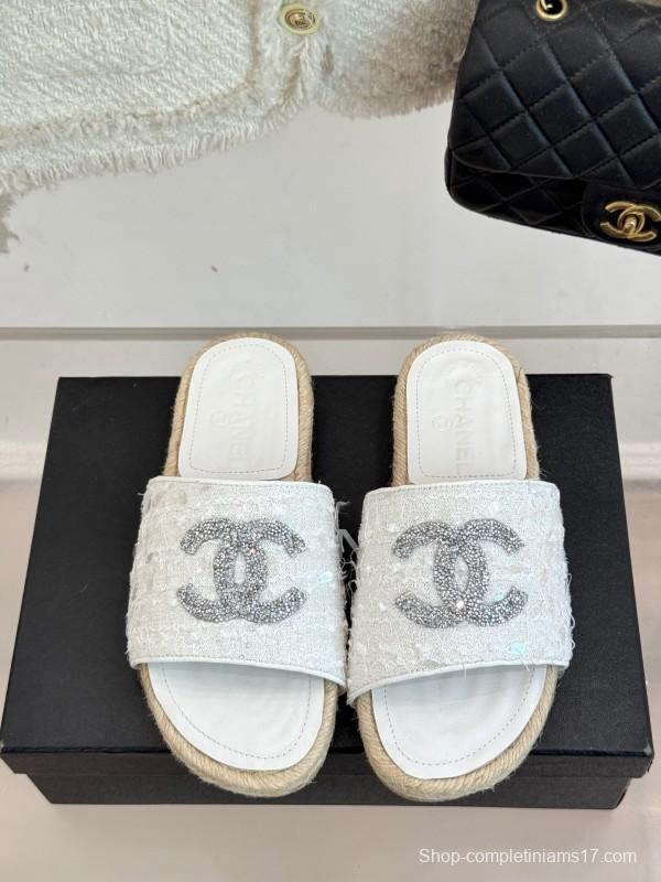 2025/Women Chanel White Lace Espadrille Slide Sandals Handwoven Jute Sole KFY00240(F)