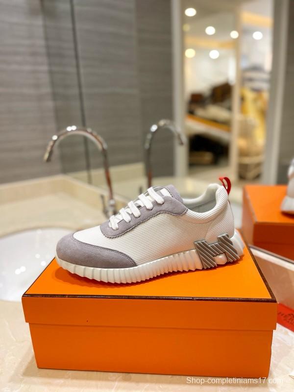 2024 Women Hermès white gray mesh suede sneakers