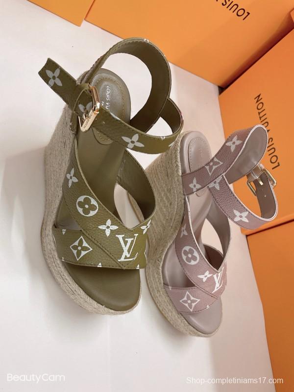 2025 Women Louis Vuitton Pink Beige Green Leather Denim Espadrilles Sandals MJ00280