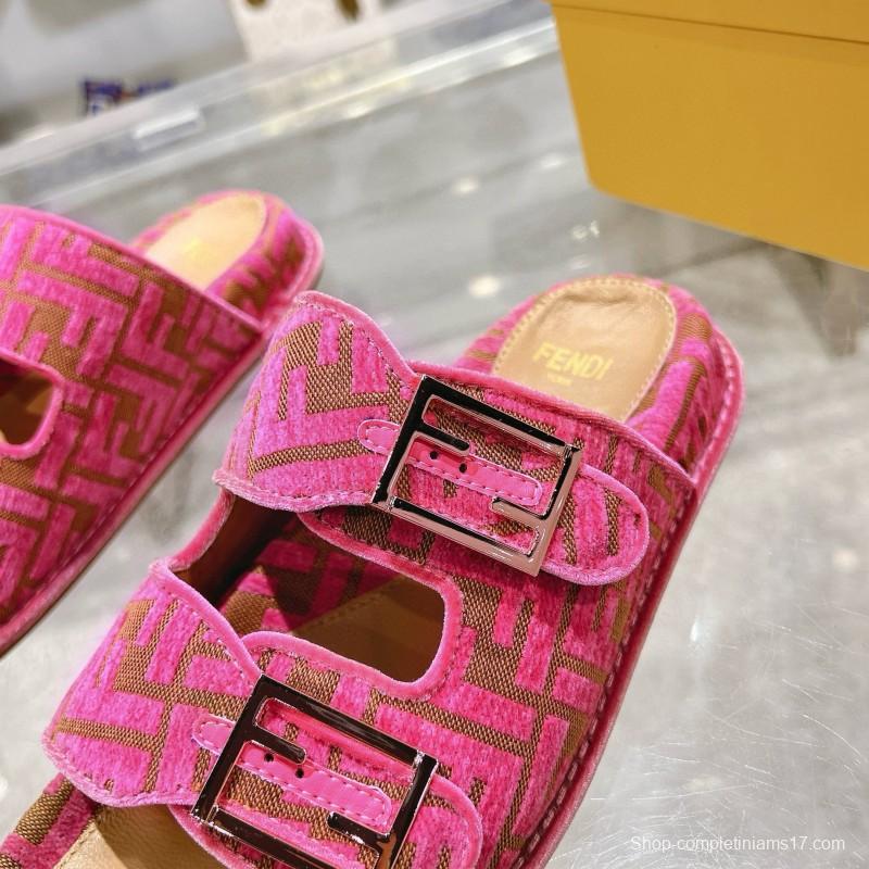 2025 Slippers Fendi Pink Jacquard Fabric Flat Buckle MJ00230