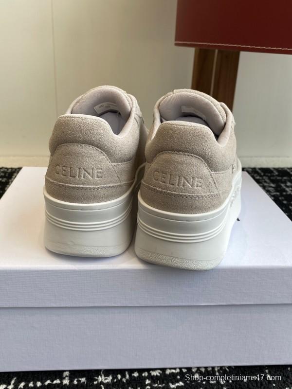 2025 Women Celine Beige Suede Platform Sneakers CELINE Embroidery