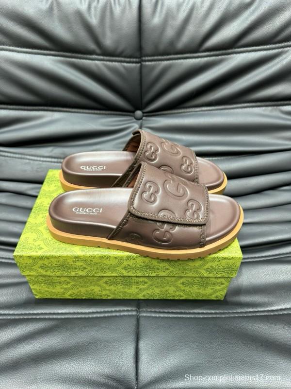 2024 Gucci Brown Leather Slippers MJ00200