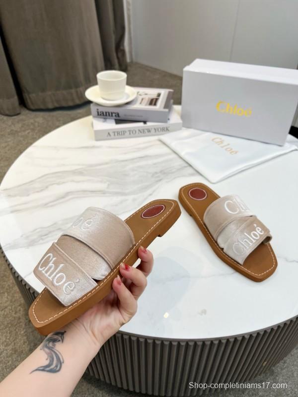 2025 Women Chloé Beige Velvet Slippers LY00200