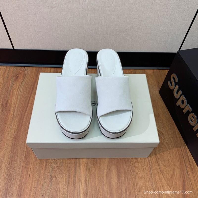 2025 Women BRUNELLO CUCINELLI White Suede Platform Slide Sandals Casual Craftsmanship LY00360(F)