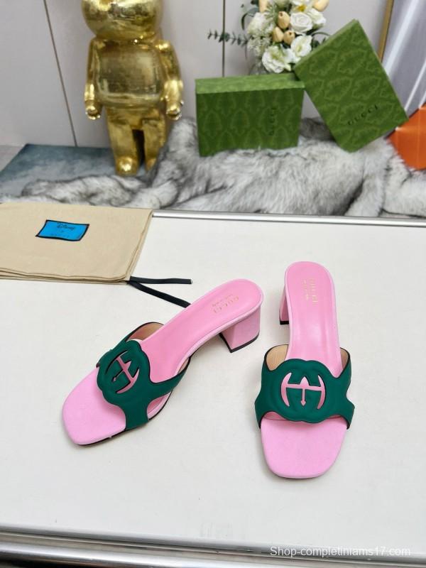 2025 Women Gucci Pink Green Leather Slippers