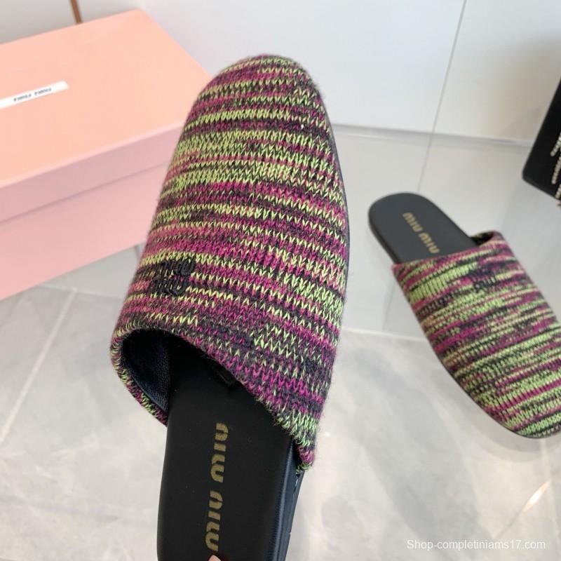 2025 Miumiu Purple Green Black Knitted Slippers