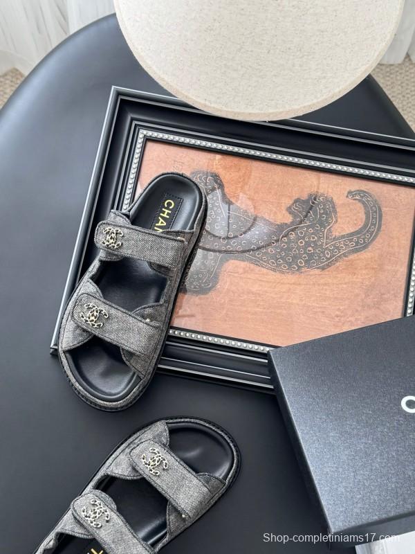 2025 Women Chanel Grey Fabric Leather Sandals Magic Tape LY00310