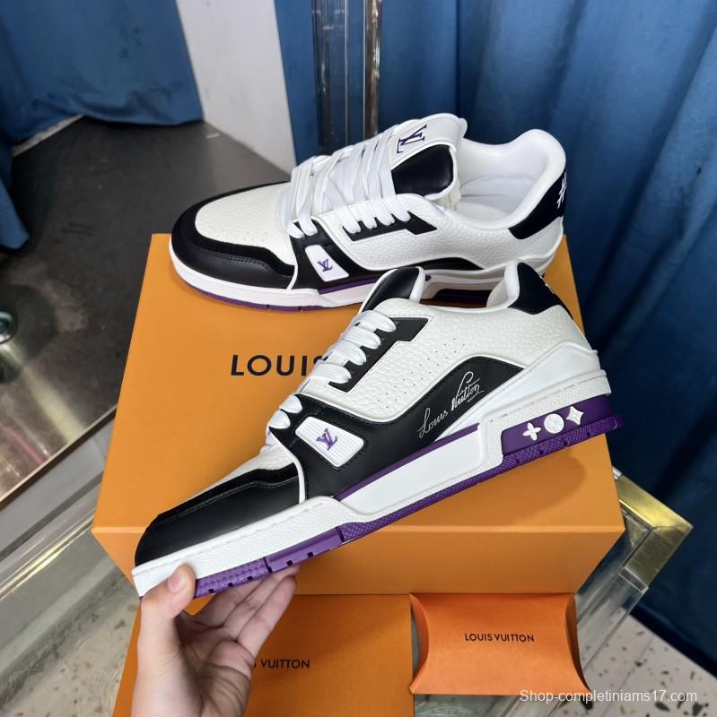2025 Unisex Louis Vuitton White Black Purple Leather LV Trainer
