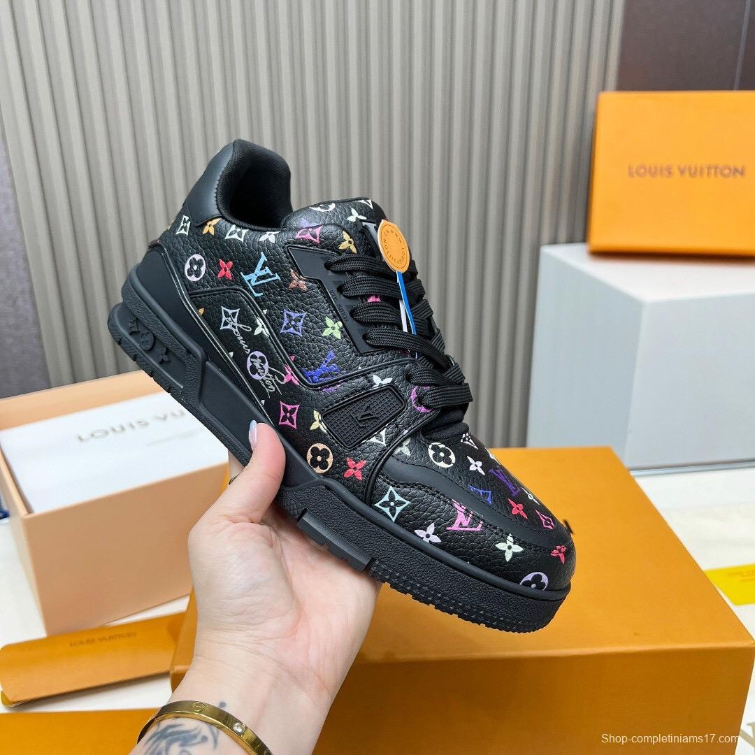 2025 Unisex Louis Vuitton Black Multicolor Leather LV Trainer Sneakers KFY00370
