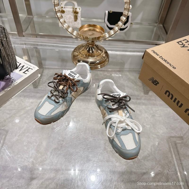 2025 Women Miumiu Light Blue White Leather Mesh Sneakers