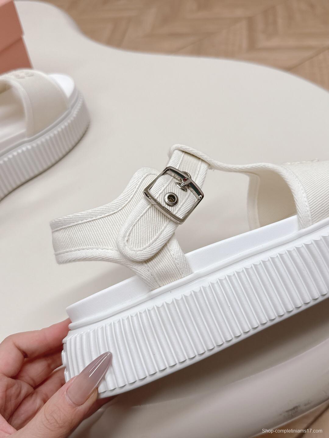2025 Women Miu Miu White Canvas Sandals