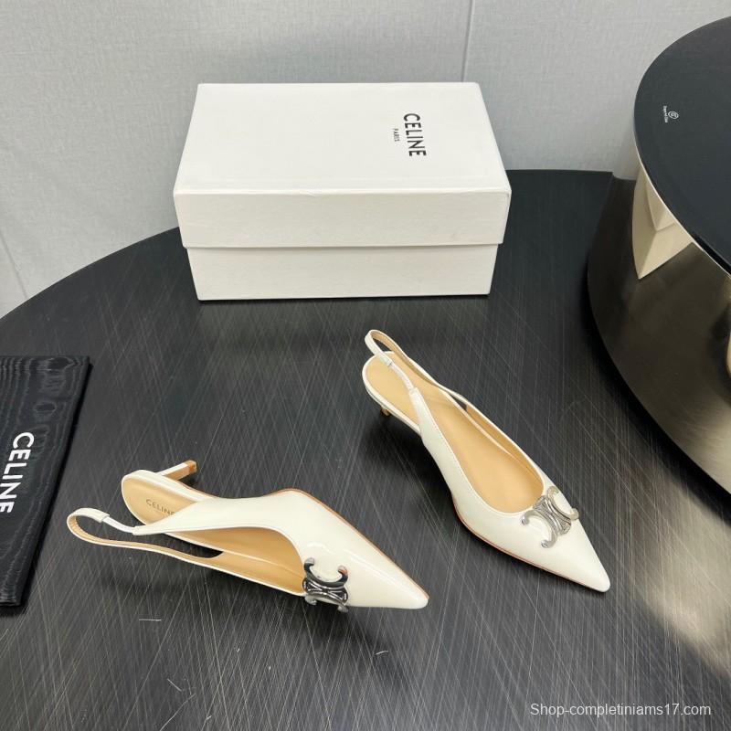 2025 Women Celine White Patent Leather Kitten Heel Pointed Toe Trimed KFY00290