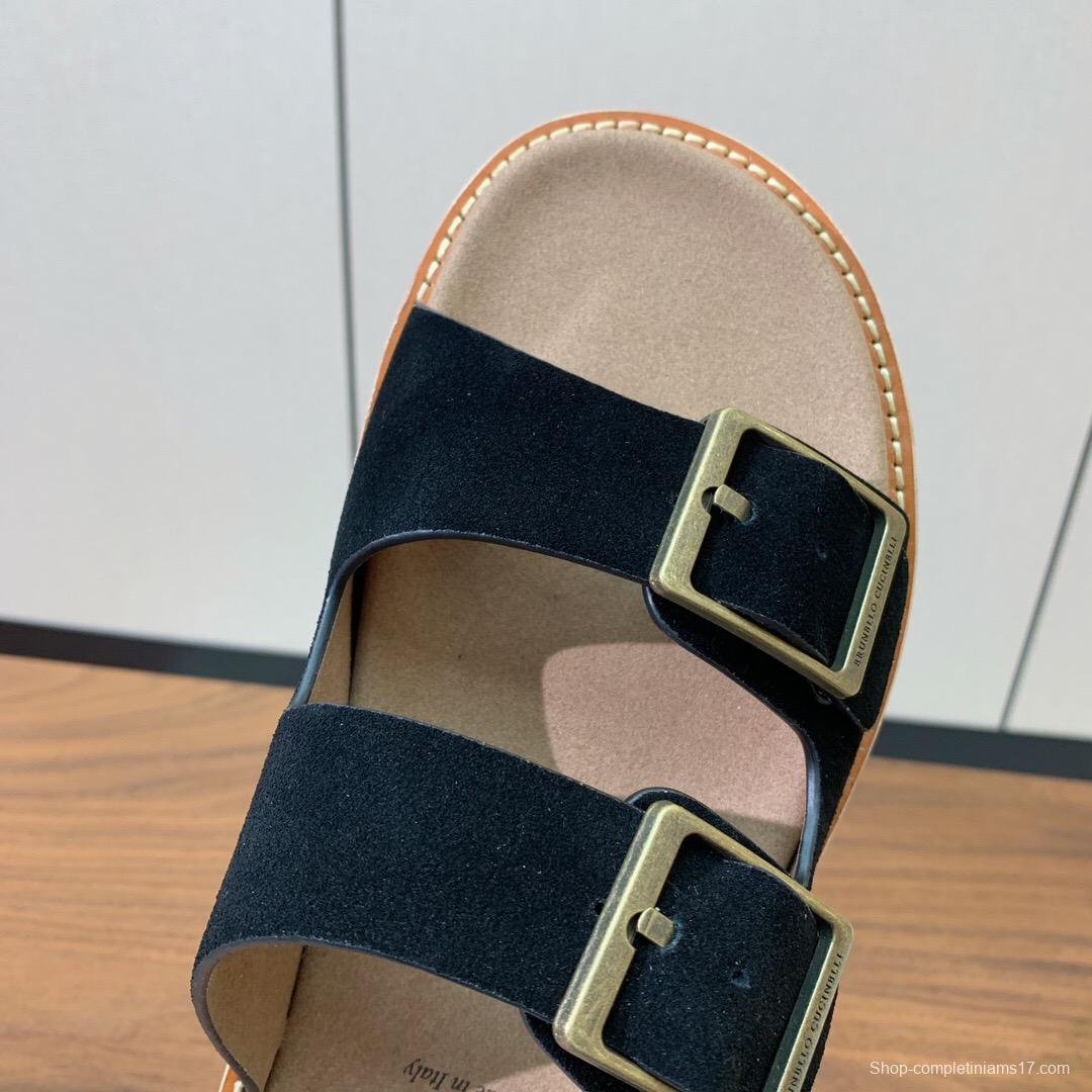 2025 Unisex Brunello Cucinelli Black Suede Leather Slippers KFY00250