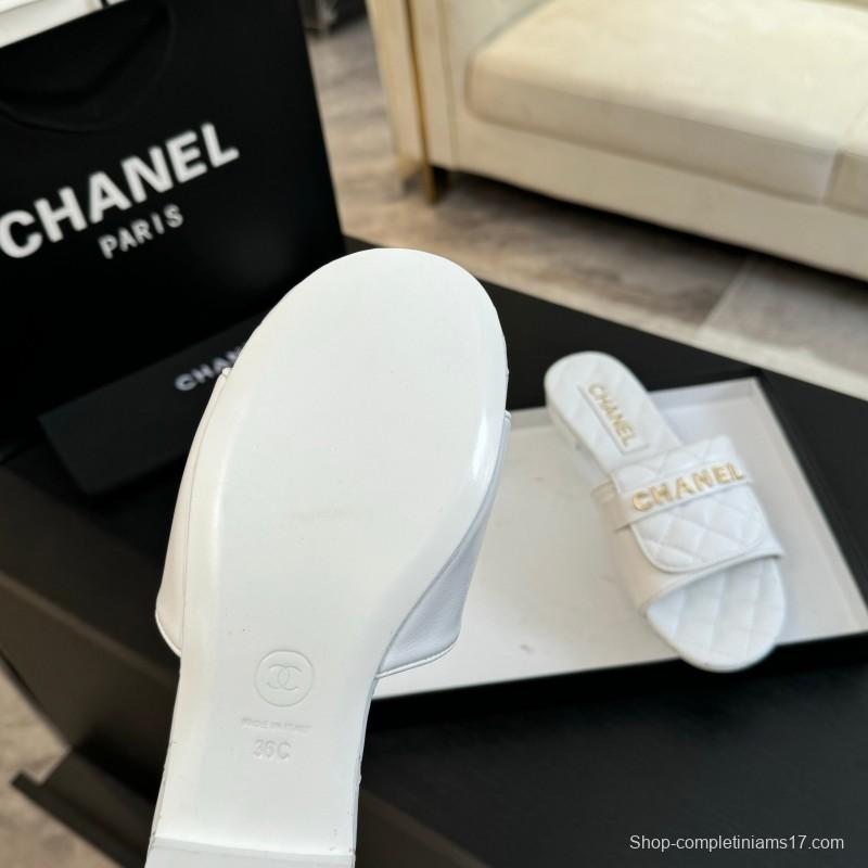 2025 Women Chanel White Leather Slippers