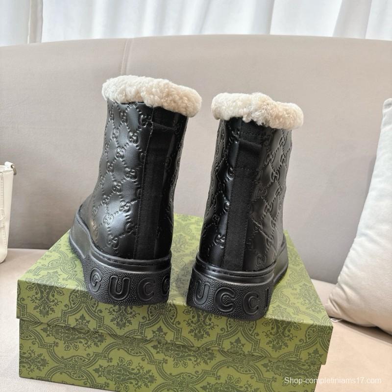 2024 Women Gucci black leather shearling snow boots MJ00350