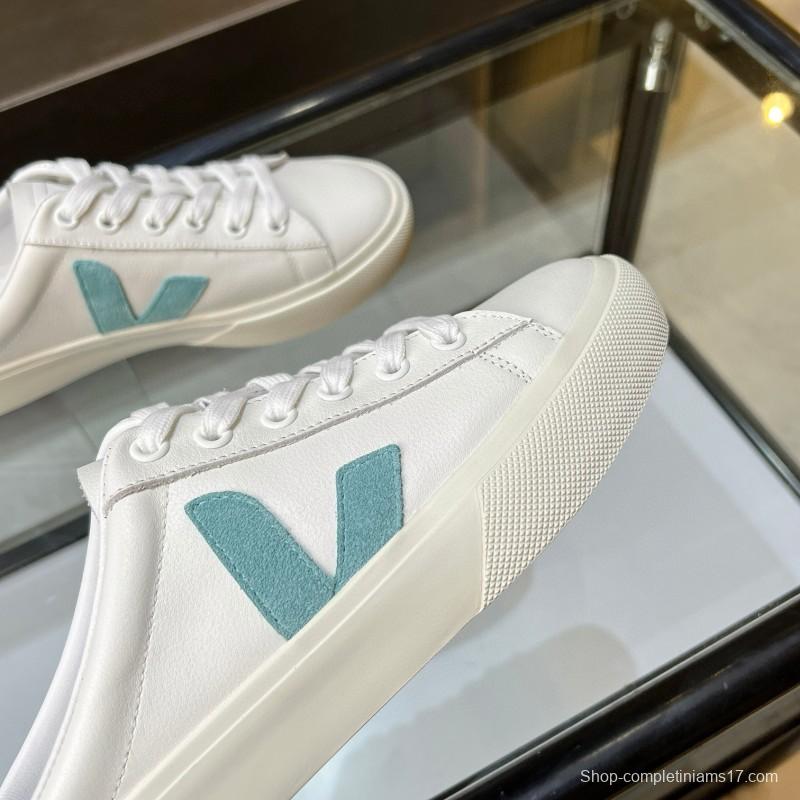 2025 VEJA White Blue Leather Canvas Slip-On Sneakers