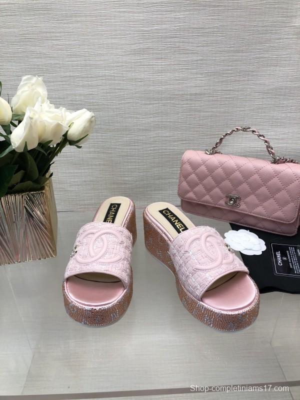 2025 Women Chanel Pink Tweed Platform Slippers LY00320