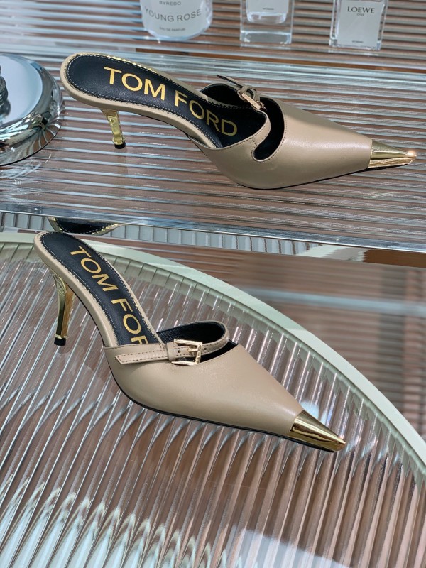 2025 Women TOM FORD Beige Gold Leather Pointed Toe Mules KFY00300