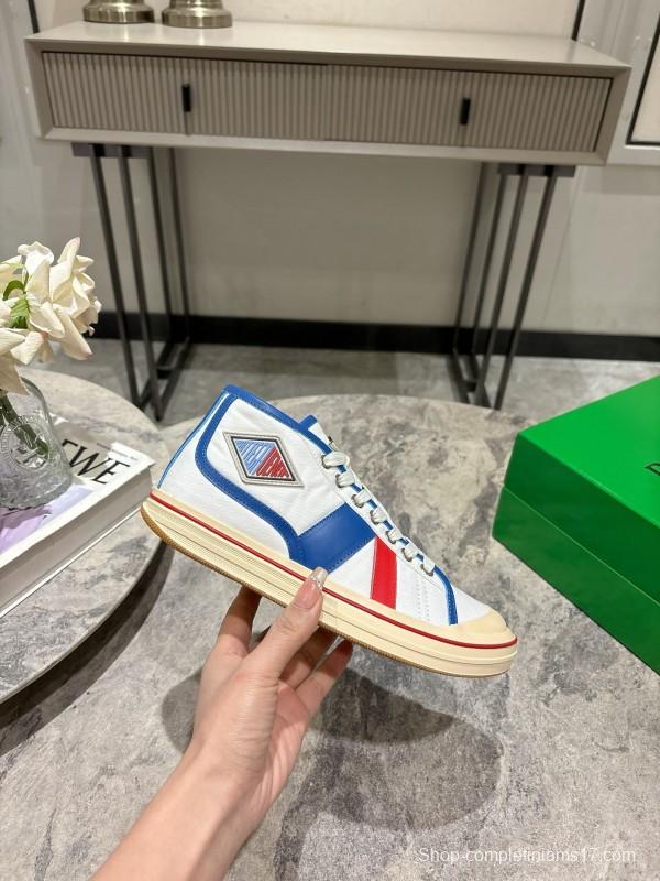 2025 Unisex Bottega Veneta White Blue Red Canvas Lambskin Sneakers Hand Painted Red Line KFY00260