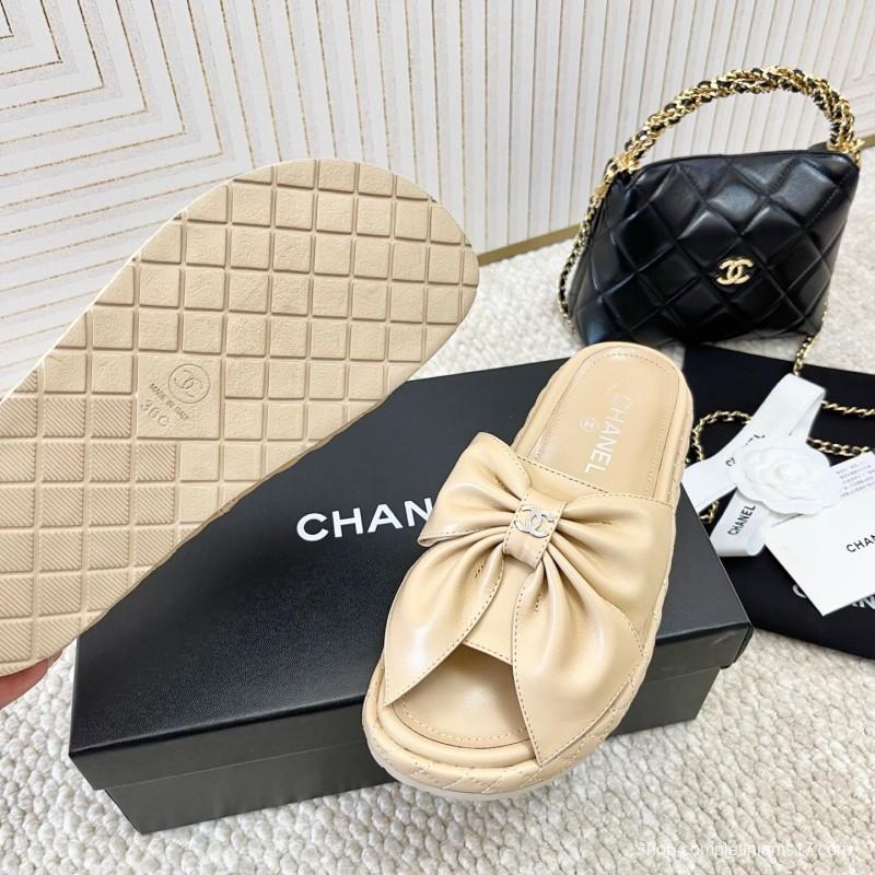 2025 Women Chanel Beige Leather Slippers Bow KFY00310