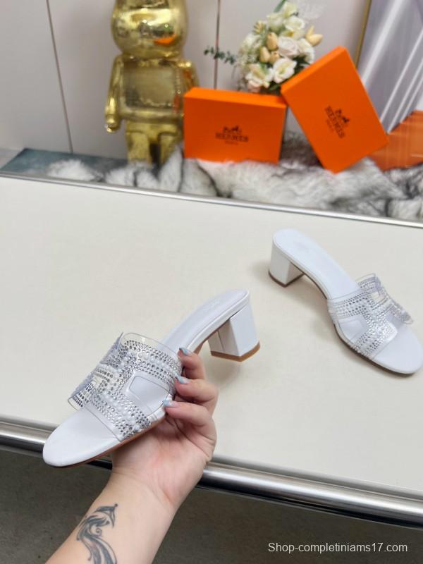 2025 Slippers Hermès White Leather Crystal MJ00180