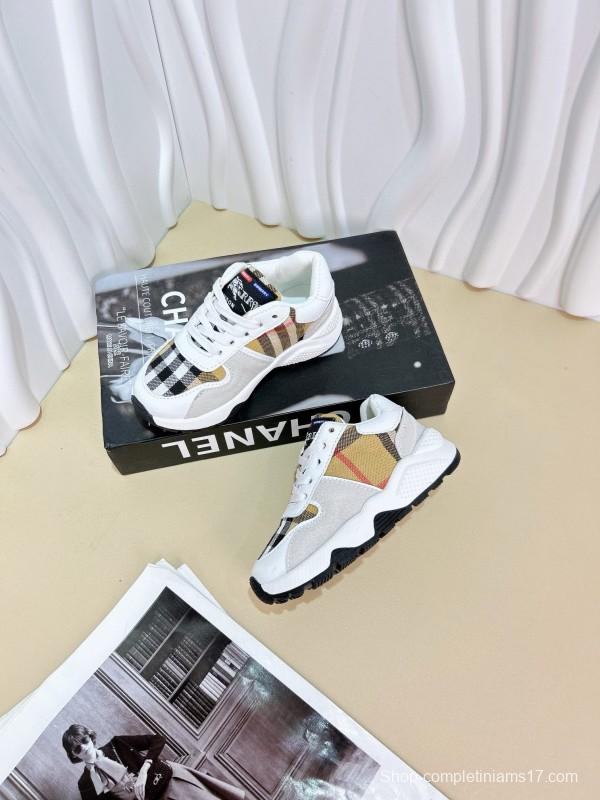 2024 Kids BURBERRY Beige White Black Leather Fabric Sneakers