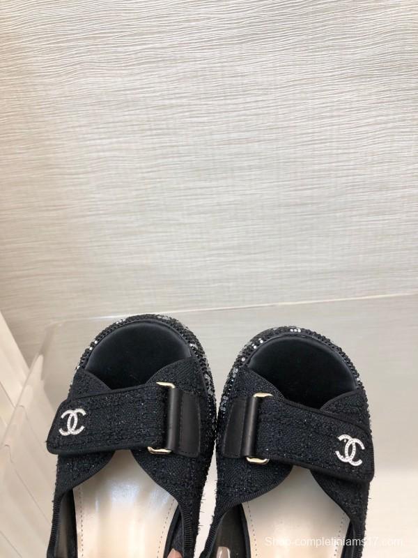 2025 Women Chanel Black Fabric Platform Sandals LY00330