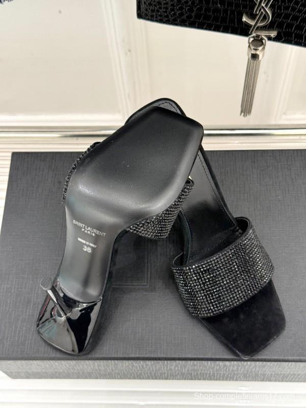 2025 Women Yves Saint Laurent Black Rhinestone Leather High Heel Slippers LY00300