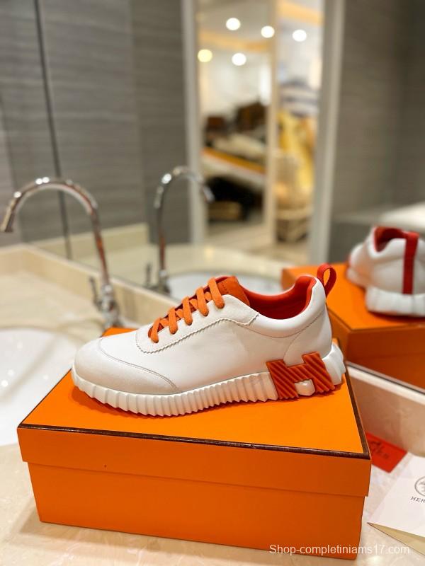 2024 Women Hermès White Orange Leather Sneakers