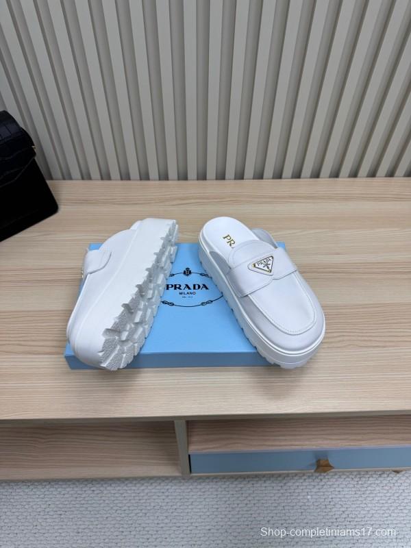 2025 Women Prada White Leather Slippers KFY00280