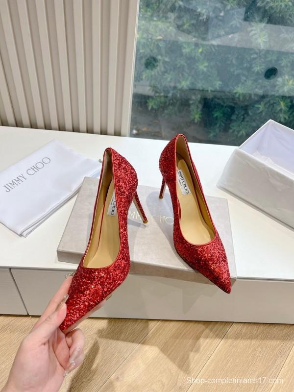 2025 Women Jimmy Choo Red Glitter Leather Pumps