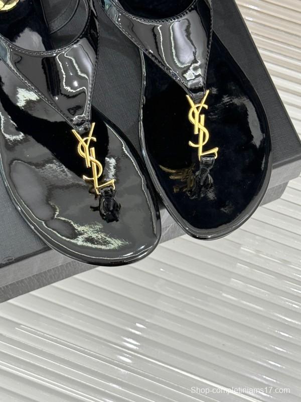 2025 Women Yves Saint Laurent Black Patent Leather Thong Sandals