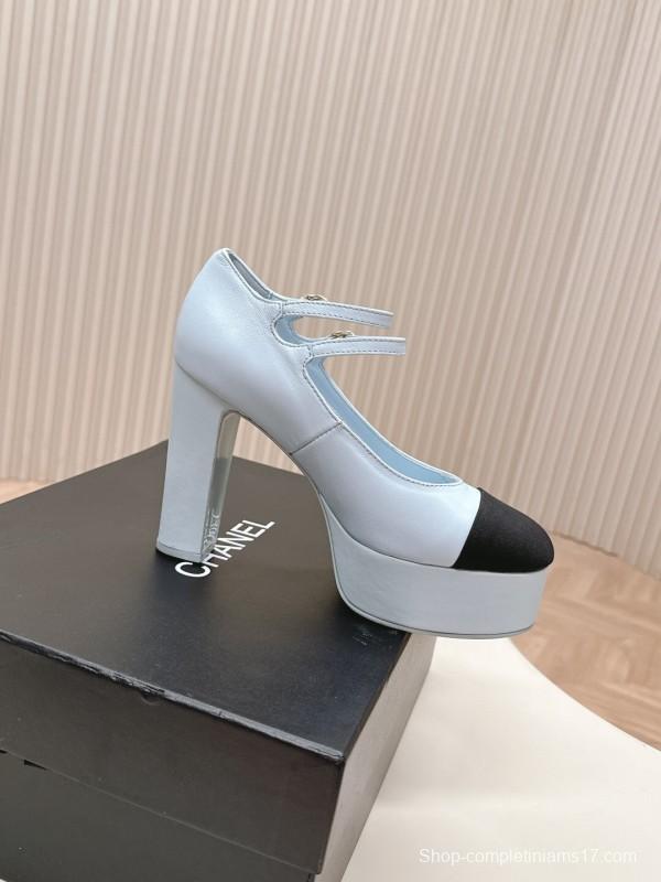 2025 Women Chanel White Black Leather Platform Mary Jane Shoes