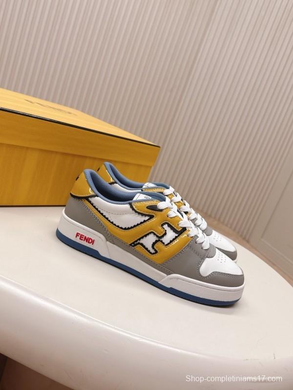 2025 Unisex Fendi White Yellow Grey Leather Sneakers FD Match LY00360(F)/LY00370(M)