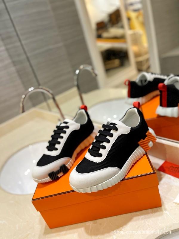 2024 Unisex Hermès black white leather mesh sneakers