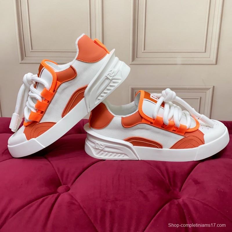 2025 Unisex Dolce & Gabbana Orange White Mesh Leather Sneakers