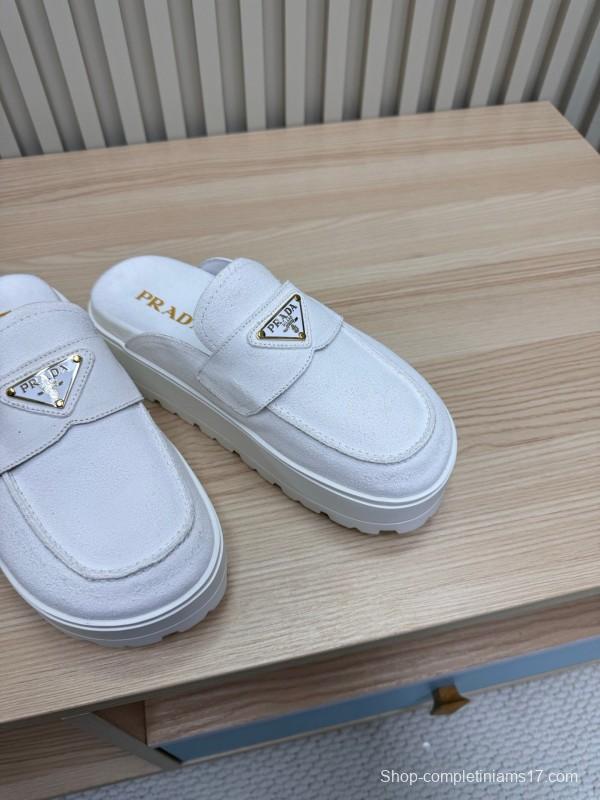 2025 Women Prada White Canvas Platform Loafers