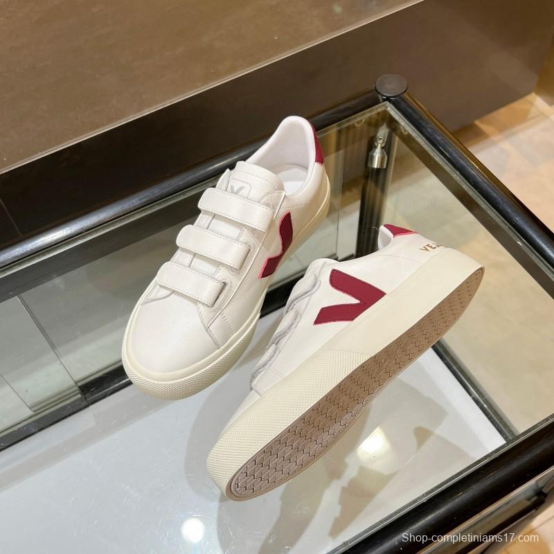 2025 Unisex VEJA White Burgundy Leather Canvas Sneakers MJ00240